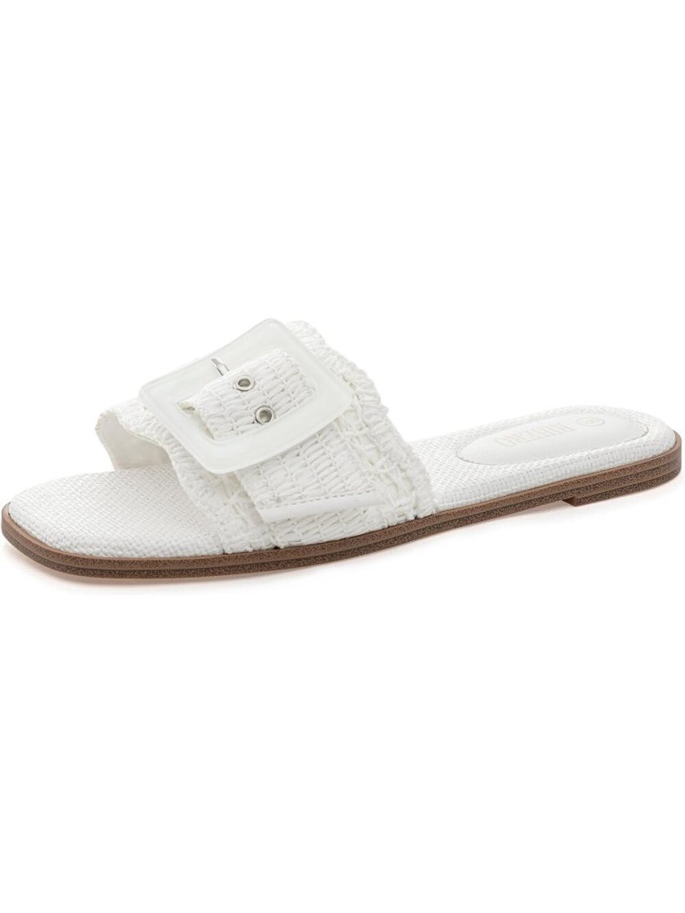 Women's White Summer Square Open Toe Raffia Woven Buckle Flat Slide Sandals